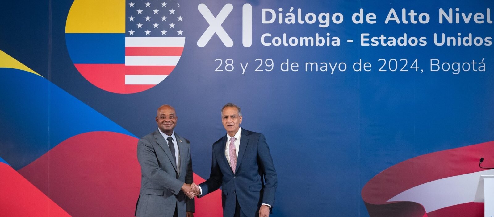 The Minister of Foreign Affairs of Colombia, Luis Gilberto Murillo Urrutia, and the Deputy Secretary of State for Management and Resources of the United States, Richard Verma, SHAKE HANDS during the High-Level Dialogue at the San Carlos Palace in Bogota on May 28-29, 2024.